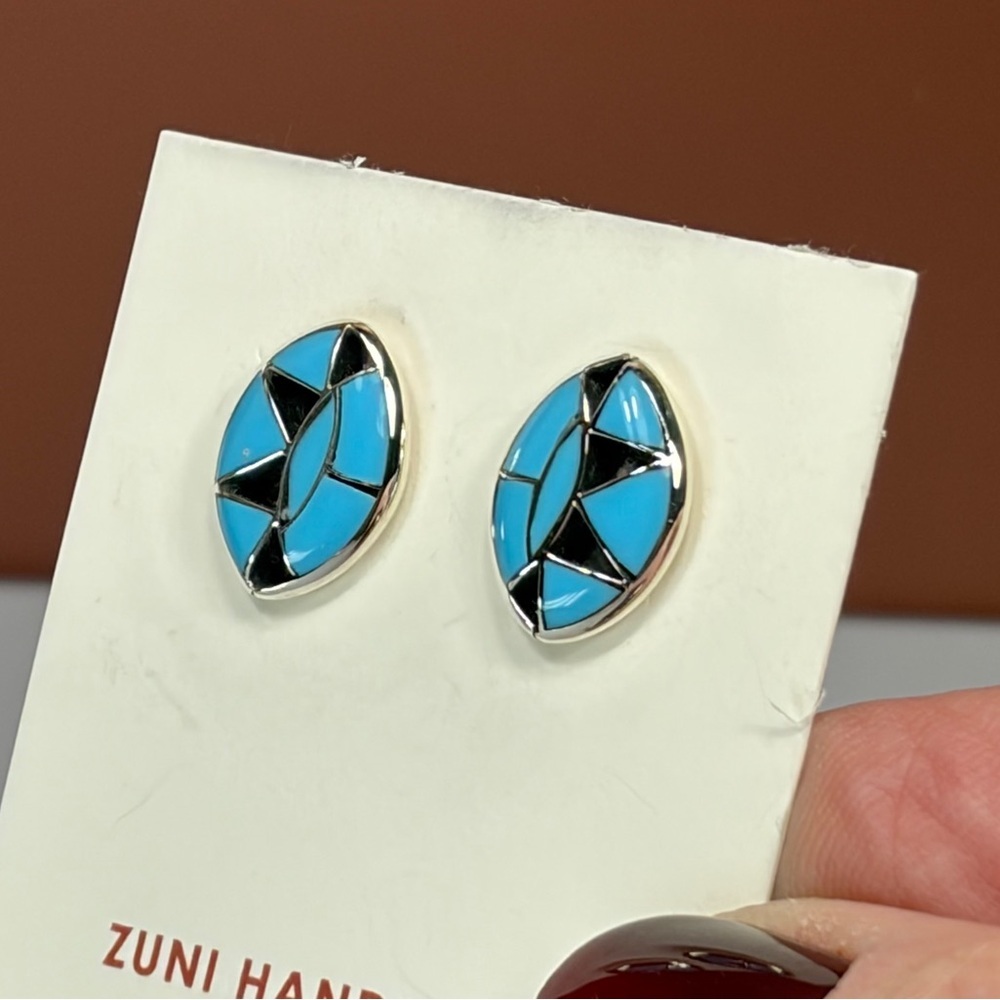 Zuni Silver Cut-Out Turquoise Inlay Post Earrings